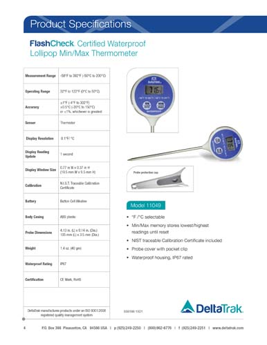 Download FlashCheck Certified Waterproof Digital Lollipop, Min/Max Probe Thermometer Spec Sheet