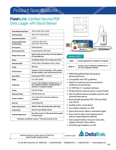 Download FlashLink Certified Vaccine PDF Data Logger with Glycol Sensor, Model 40527 Spec Sheet